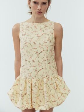Sleeveless Cream Floral Drop-Waist Dress